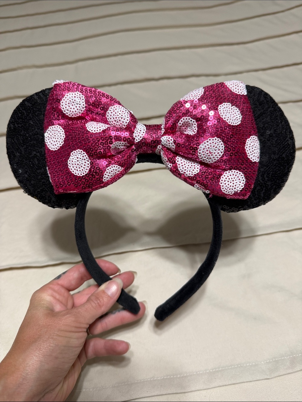 Disney Black Minnie Ear Headband with Fuchsia Sequin Polka Dot Bow